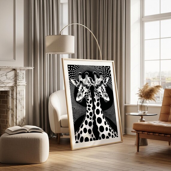 Black And White Giraffe Art Print Modern Optical Illusion Home Decor
