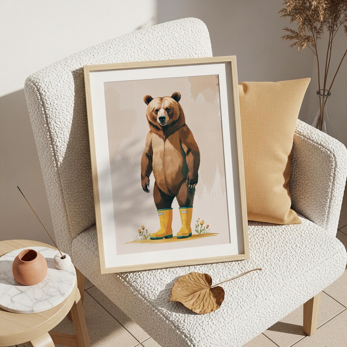 Charming Bear In Yellow Wellies Funny Animal Wall Art For Nature Boot Lovers