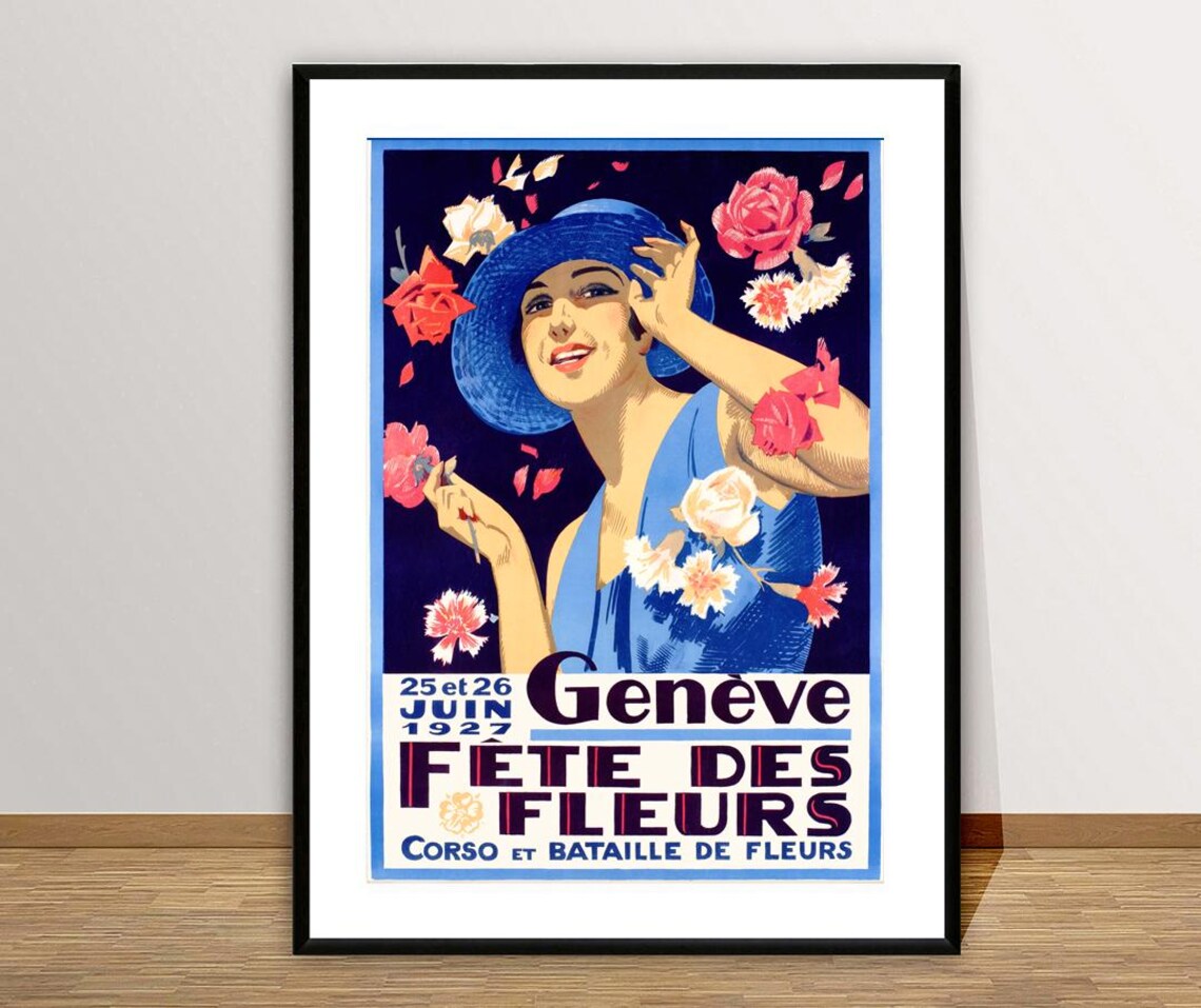 Geneva 1927 Flower Festival Art Deco Woman Blue Hat Vintage Poster - Image 2