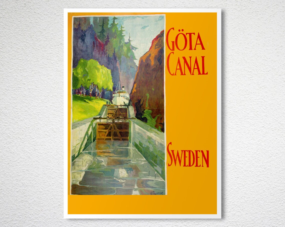 Gota Canal Sweden Vintage Swedish Travel Poster Canal Lock Steamboat - Image 2