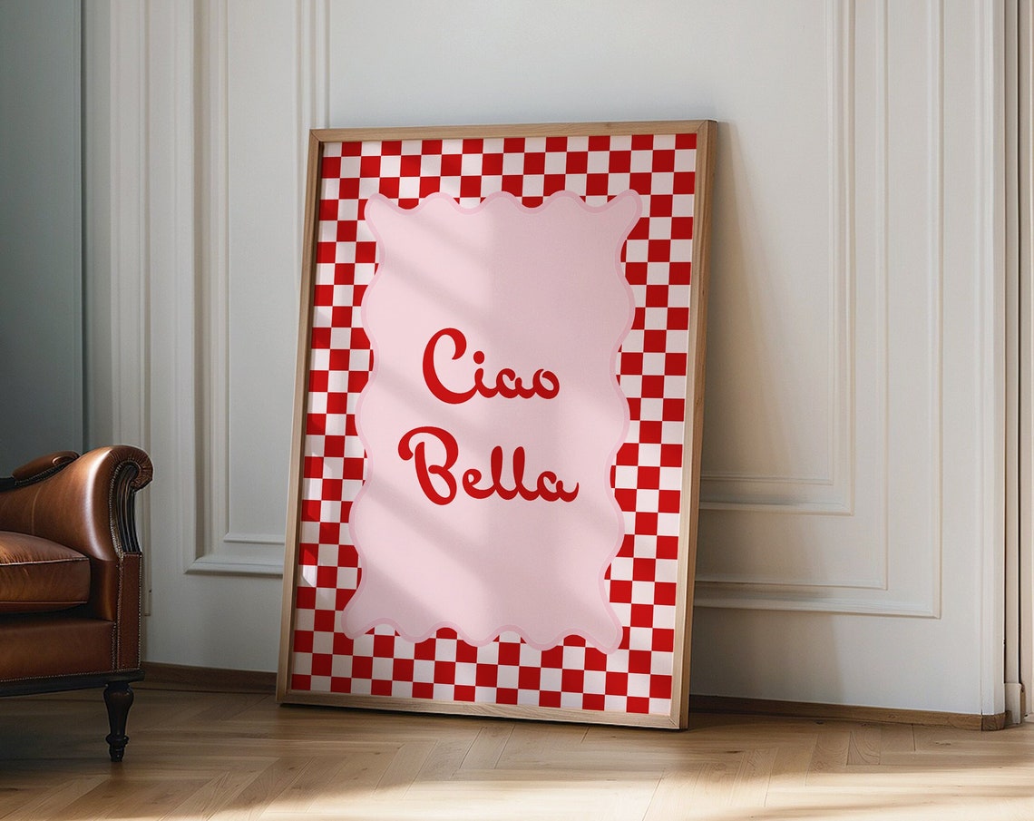 Ciao Bella Red Checkered Retro Italian Kitchen Dining Wall Poster