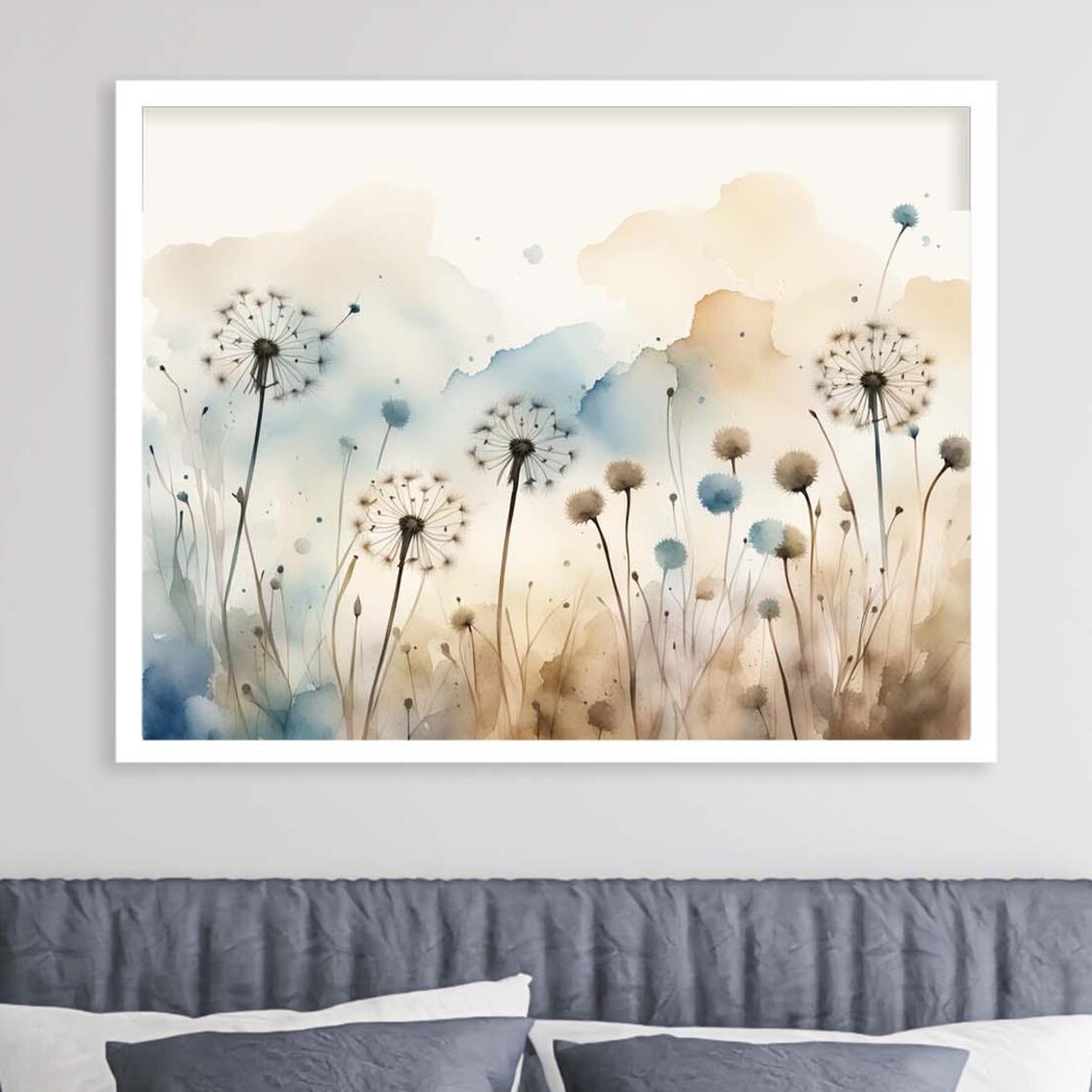 Dandelion Seed Heads Watercolor Soft Beige and Blue Wildflower Meadow Poster