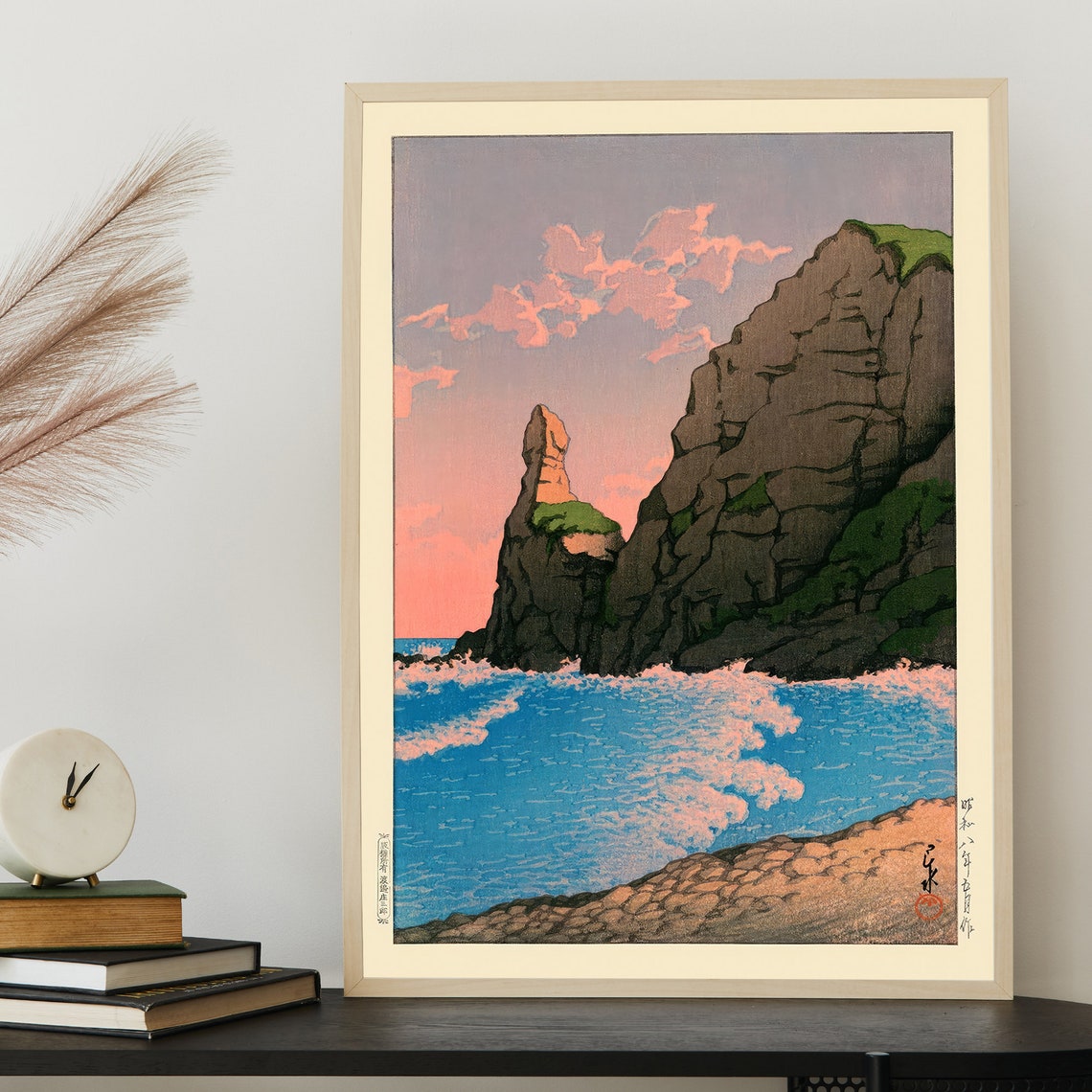 Japanese Sea Cliffs Sunset Beach Woodblock Style Coastal Poster - Image 2