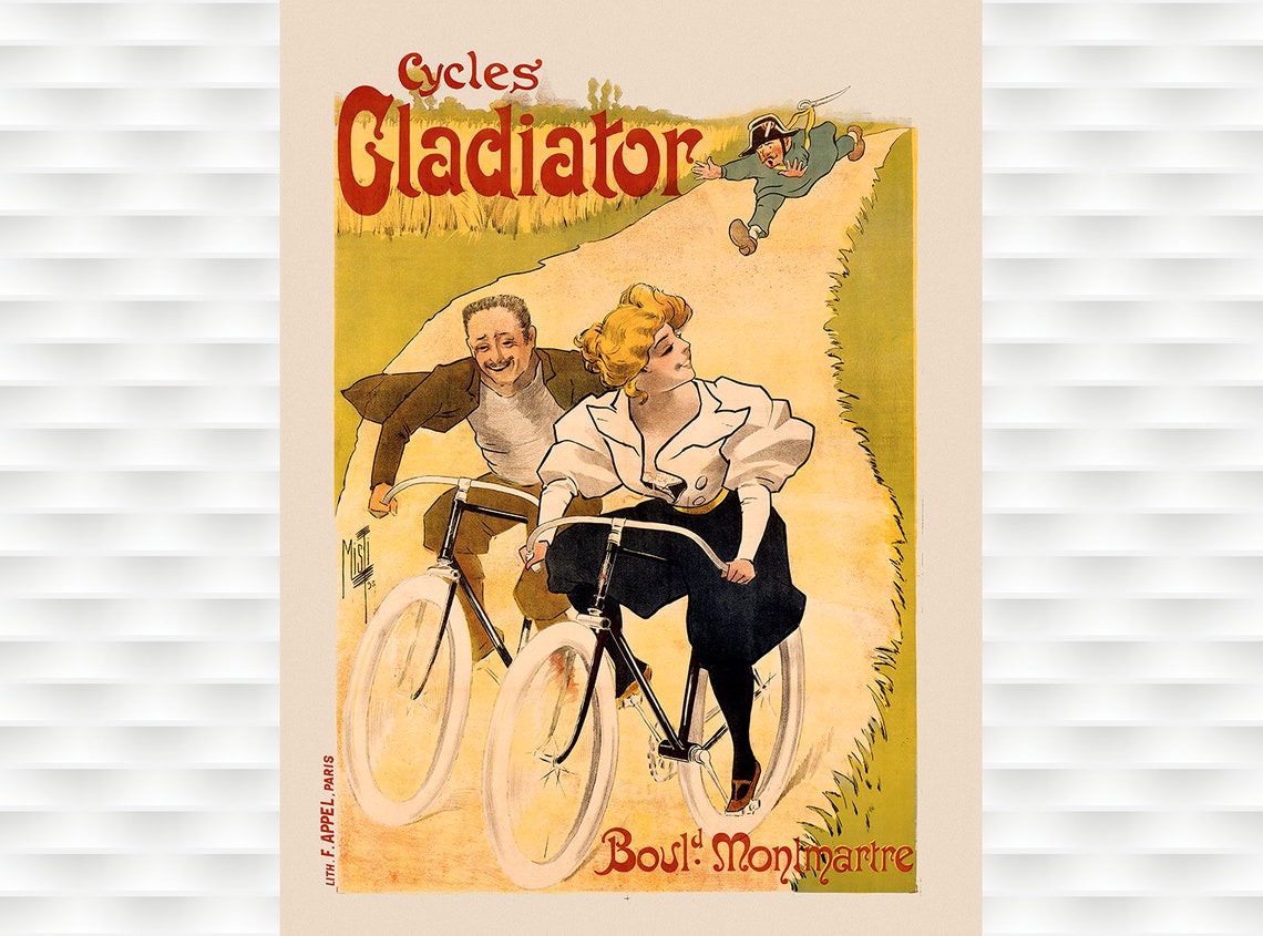 Cycles Gladiator Paris Couple Riding Vintage Bicycle Montmartre Poster