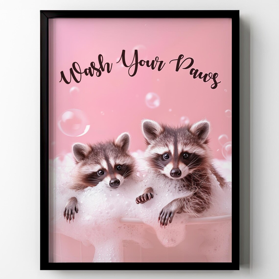 Wash Your Paws Baby Raccoons in Bubbles Pink Wall Decor Poster