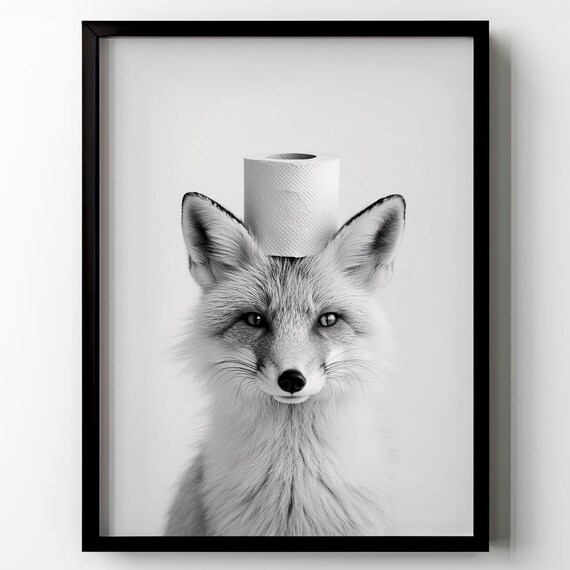 Funny Black White Fox With Toilet Paper Bathroom Humor Wall Art Poster
