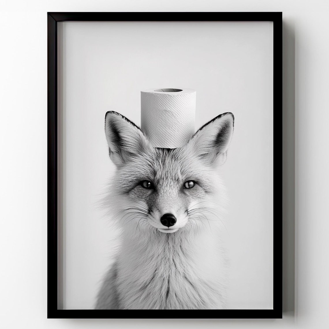 Funny Black White Fox With Toilet Paper Bathroom Humor Wall Art Poster