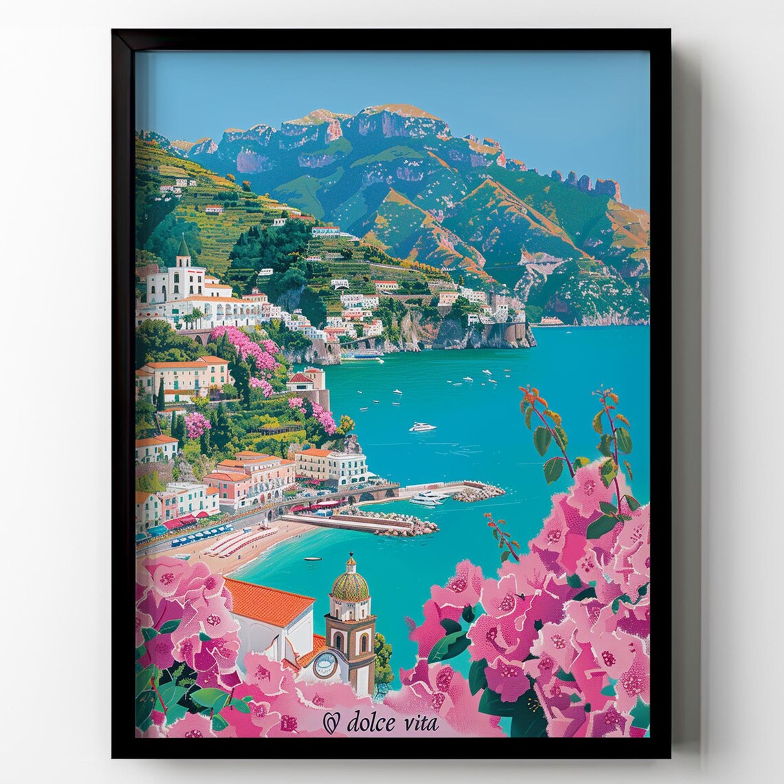 Dolce Vita Italian Coast Town Travel Poster Turquoise Sea Art