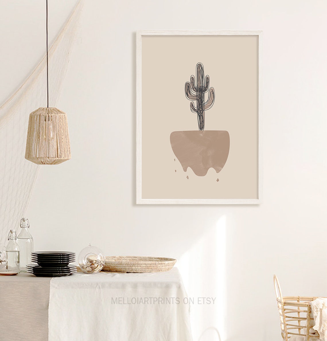 Line Drawn Saguaro Cactus Beige Pot Boho Minimal Desert Wall Art - Image 2