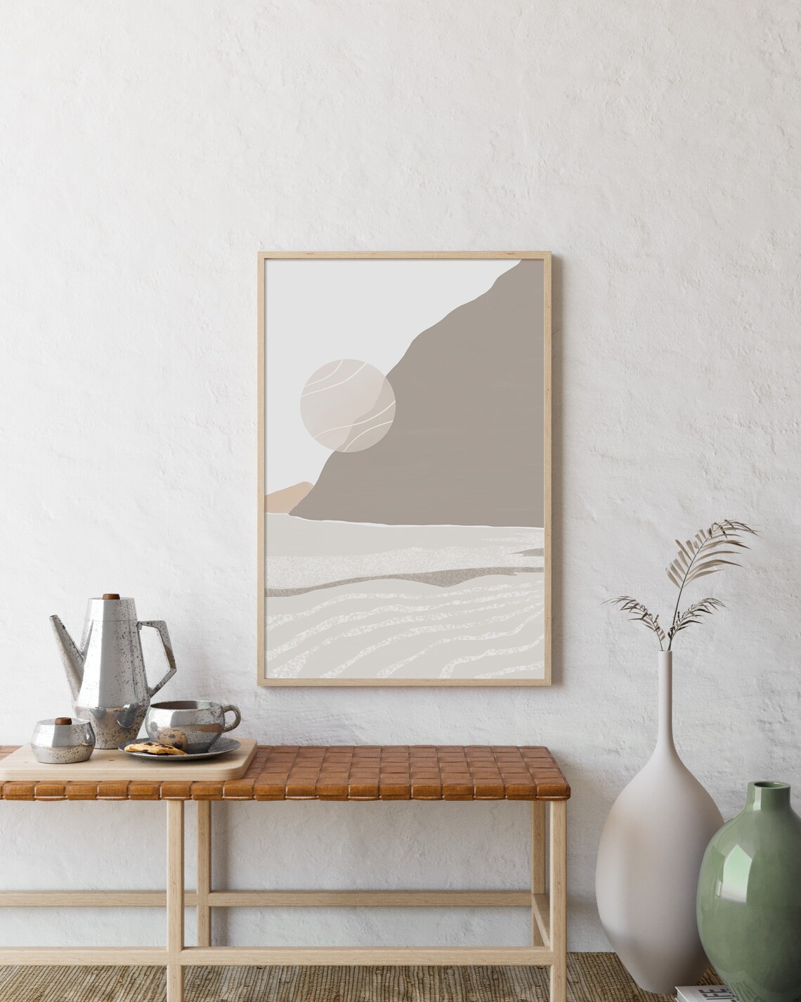 Neutral Beige Mountain Moon Minimalist Landscape Painting Poster - Image 3