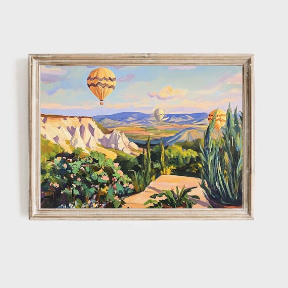 Hot Air Balloon Landscape Print Mountain Valley Wall Art Colorful Nature Painting Tuscan Countryside Decor Adventure Art Print