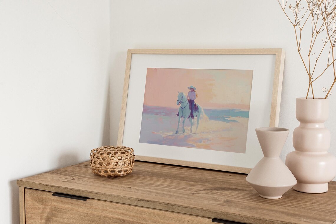 Cowgirl Riding White Horse Pastel Sunset Western Painting Poster - Image 2