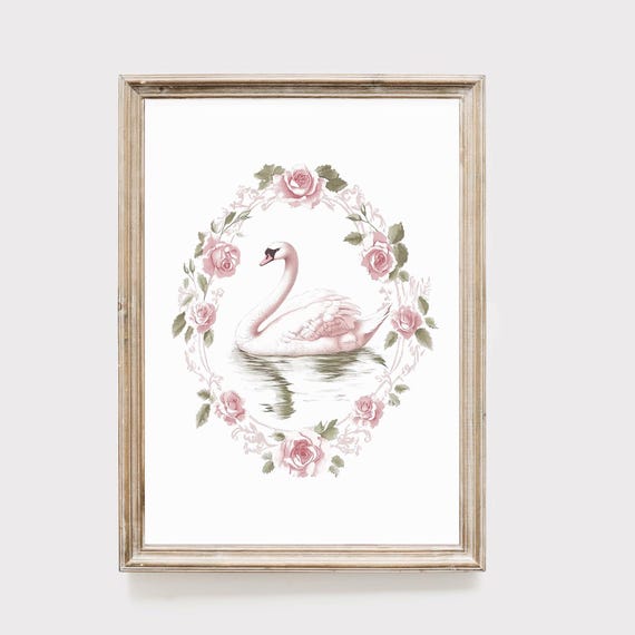 White Swan Rose Wreath Print Vintage Floral Pink Green Botanical Art Shabby Chic Nursery Decor Feminine Wall Art