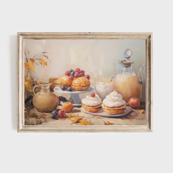 Autumn Dessert Still Life With Pastries Cream and Fruit Rustic Poster