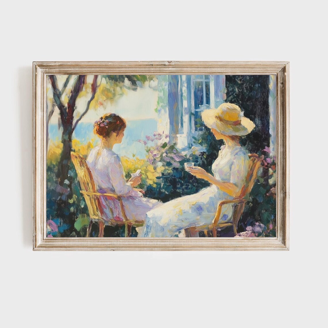 Ladies White Dresses Seaside Terrace Tea Impressionist Painting Poster