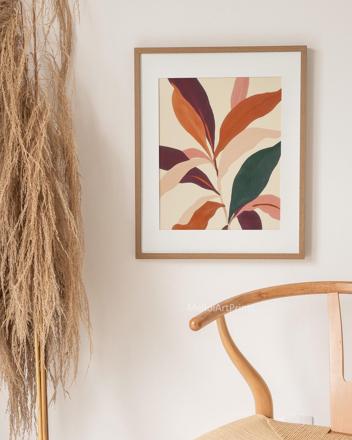 Modern Botanical Plant Large Leaves Burgundy Rust Cream Wall Art - Image 2