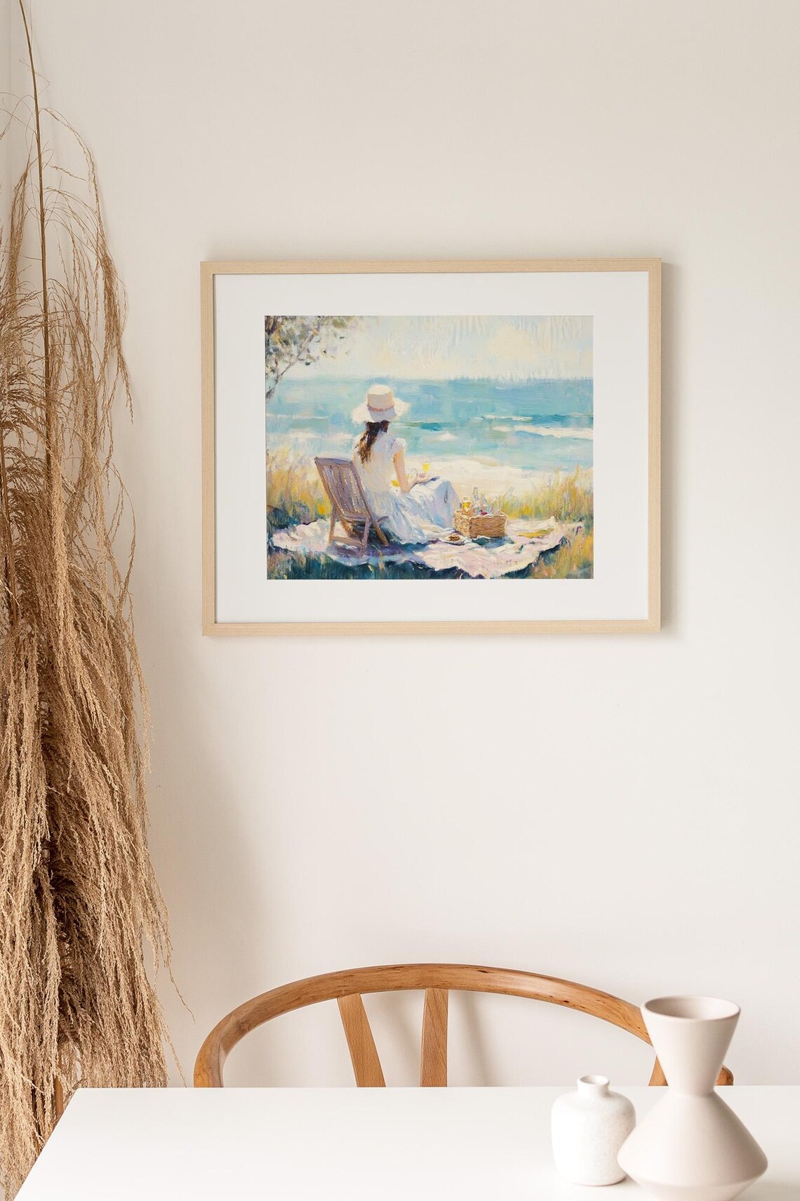 Serene Woman White Dress Sunhat Beach Picnic Ocean Painting Poster - Image 2