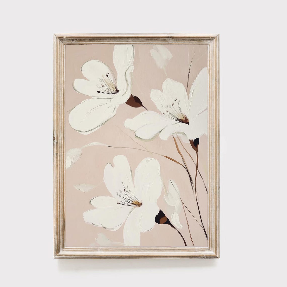 White Flowers Blush Pink Minimalist Floral Botanical Wall Art