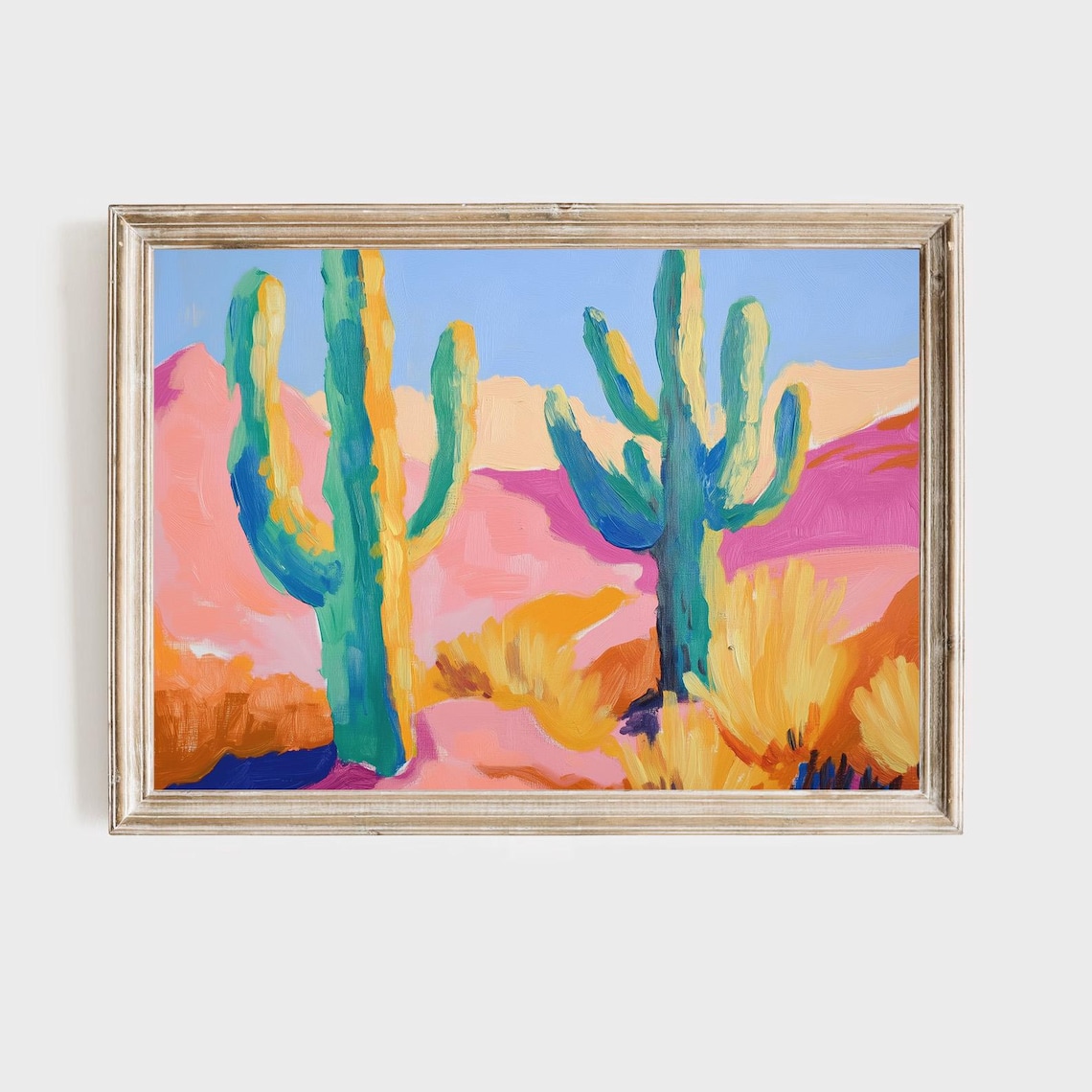 Colorful Saguaro Cactus Pink Desert Mountains Vibrant Painting Poster