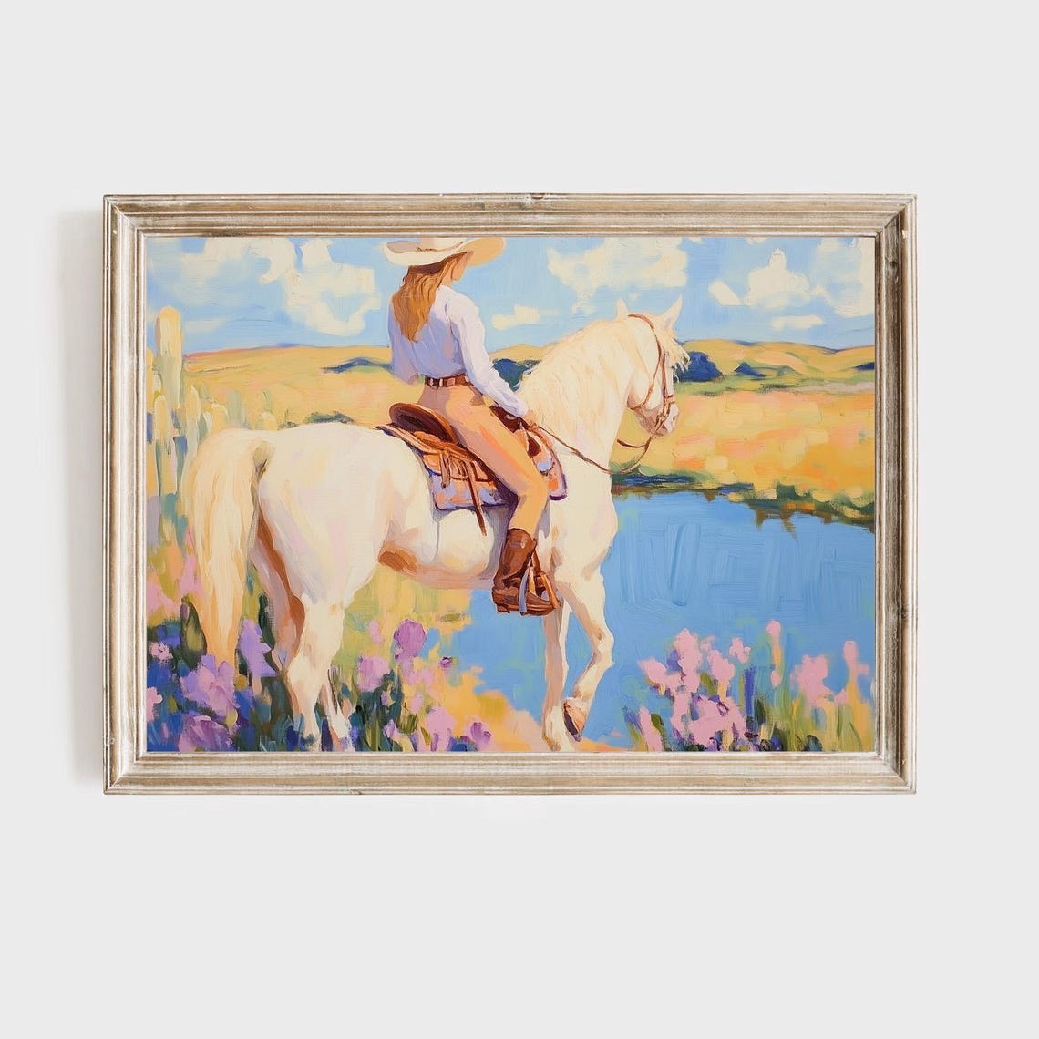 Cowgirl On White Horse Painting Western Landscape Art Print Wildflower Field Artwork Ranch Life Wall Decor Country Lake Scene