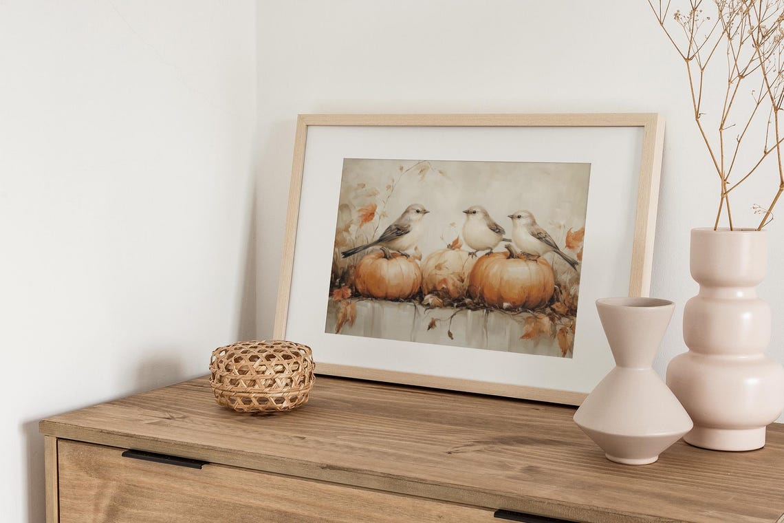 Three Songbirds On Pumpkins Cozy Autumn Fall Harvest Wall Art - Image 3