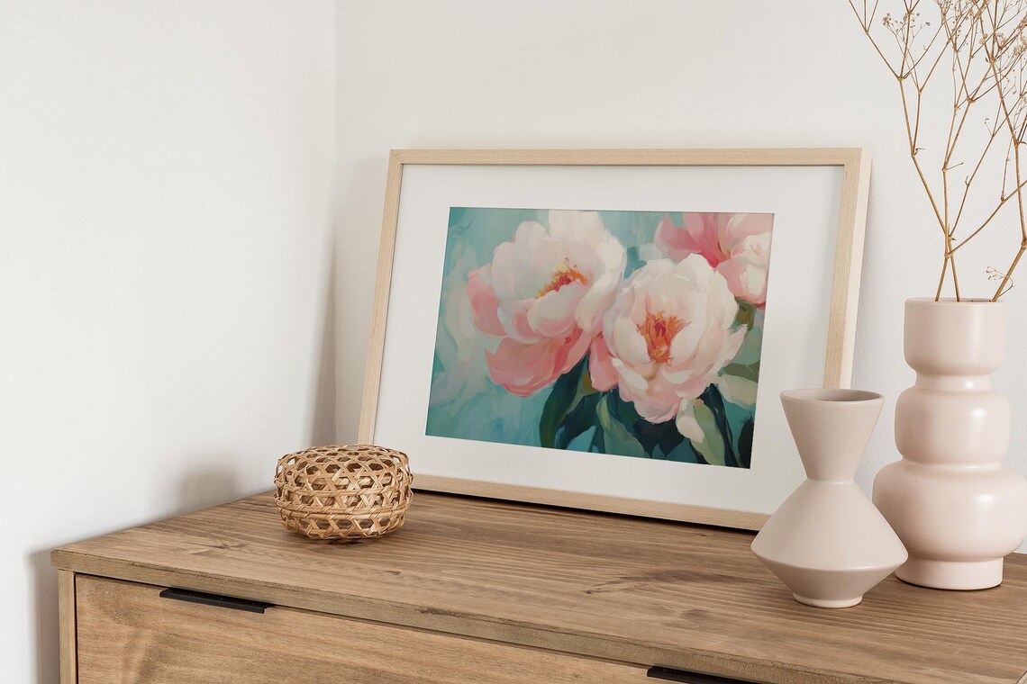 Soft Pink Peony Flowers Turquoise Background Floral Painting Poster - Image 3