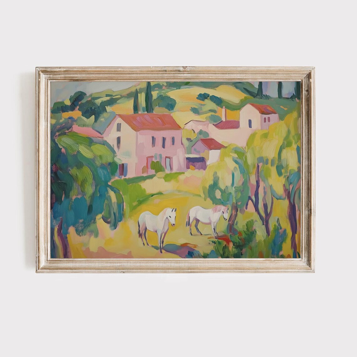 Sunny Fauvist Village Two White Horses Colorful Landscape Poster