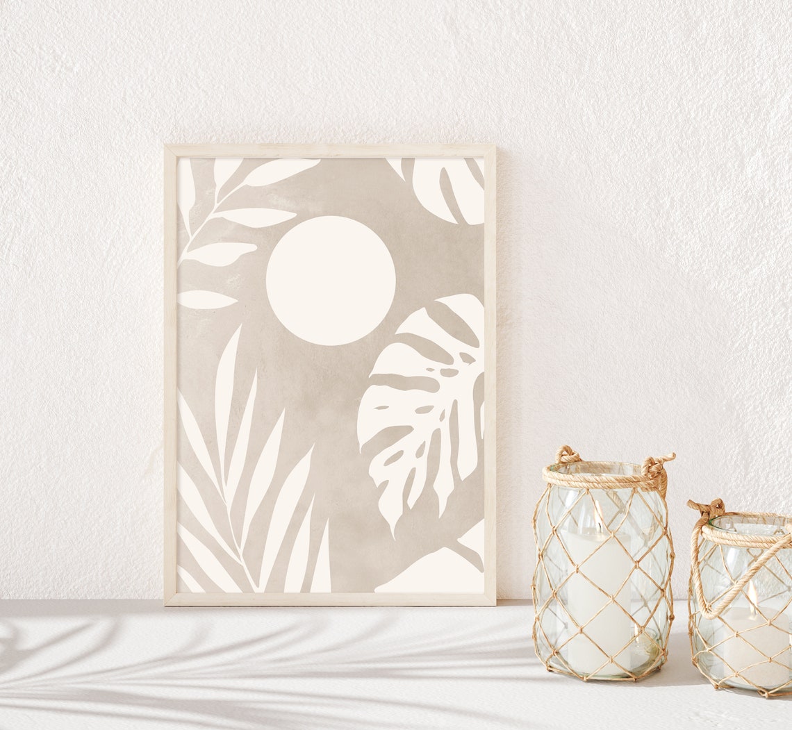 Beige Sun And Monstera Leaves Botanical Minimalist Tropical Art Poster - Image 2