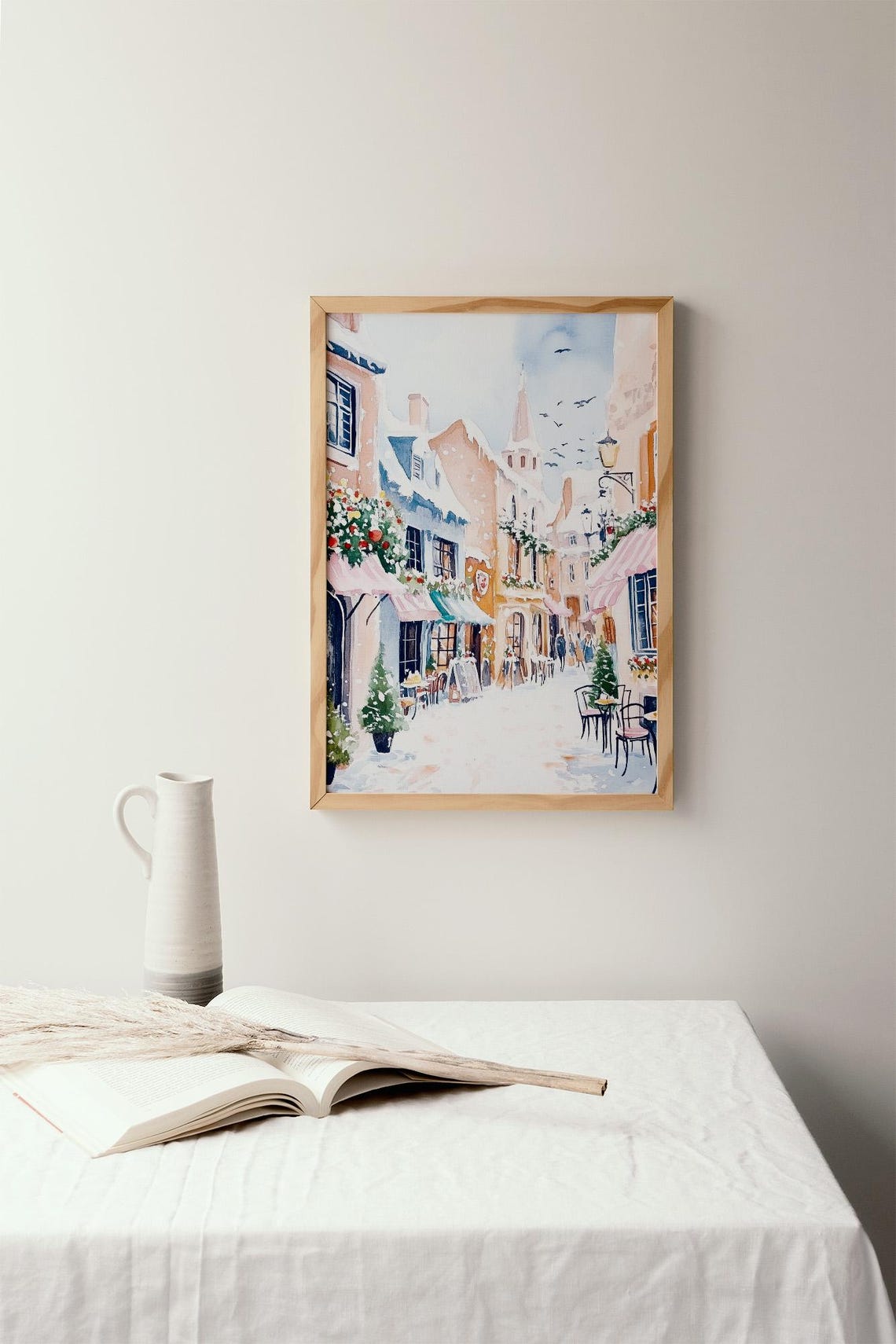 Winter European Street Print Snowy Town Watercolor Cozy Cafe Scene Christmas Village Artwork Romantic City Wall Art Holiday Decor - Image 2