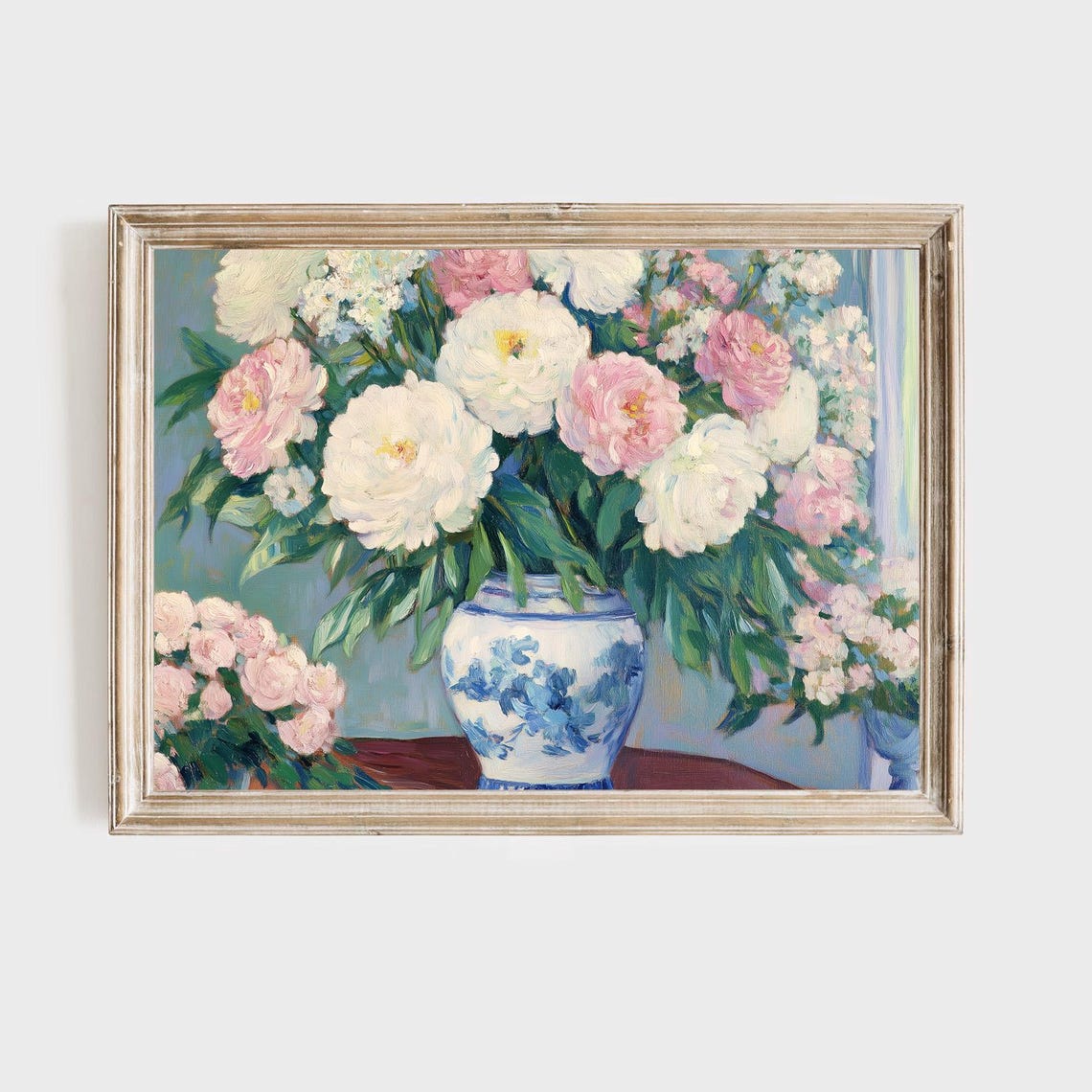 Pink and White Peonies in a Blue Porcelain Vase Impressionist Poster