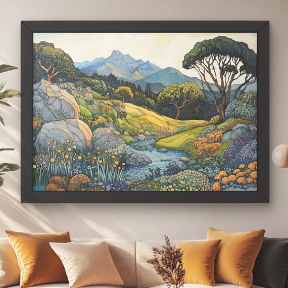 William Morris Inspired Countryside Artwork For Living Room Dcor Scenic Landscape Print With Lush Trees Lake Hills Gift Her