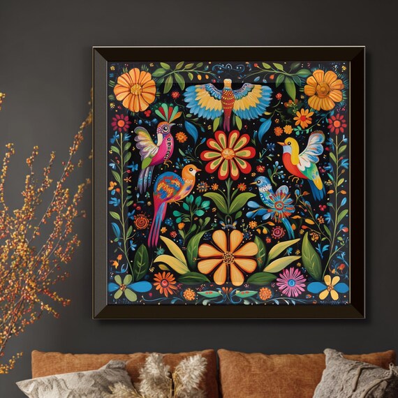 Mexican Folk Art Birds And Botanical Image Vibrant Colors Unique Home Decor Print Nature Lover Gift Boho