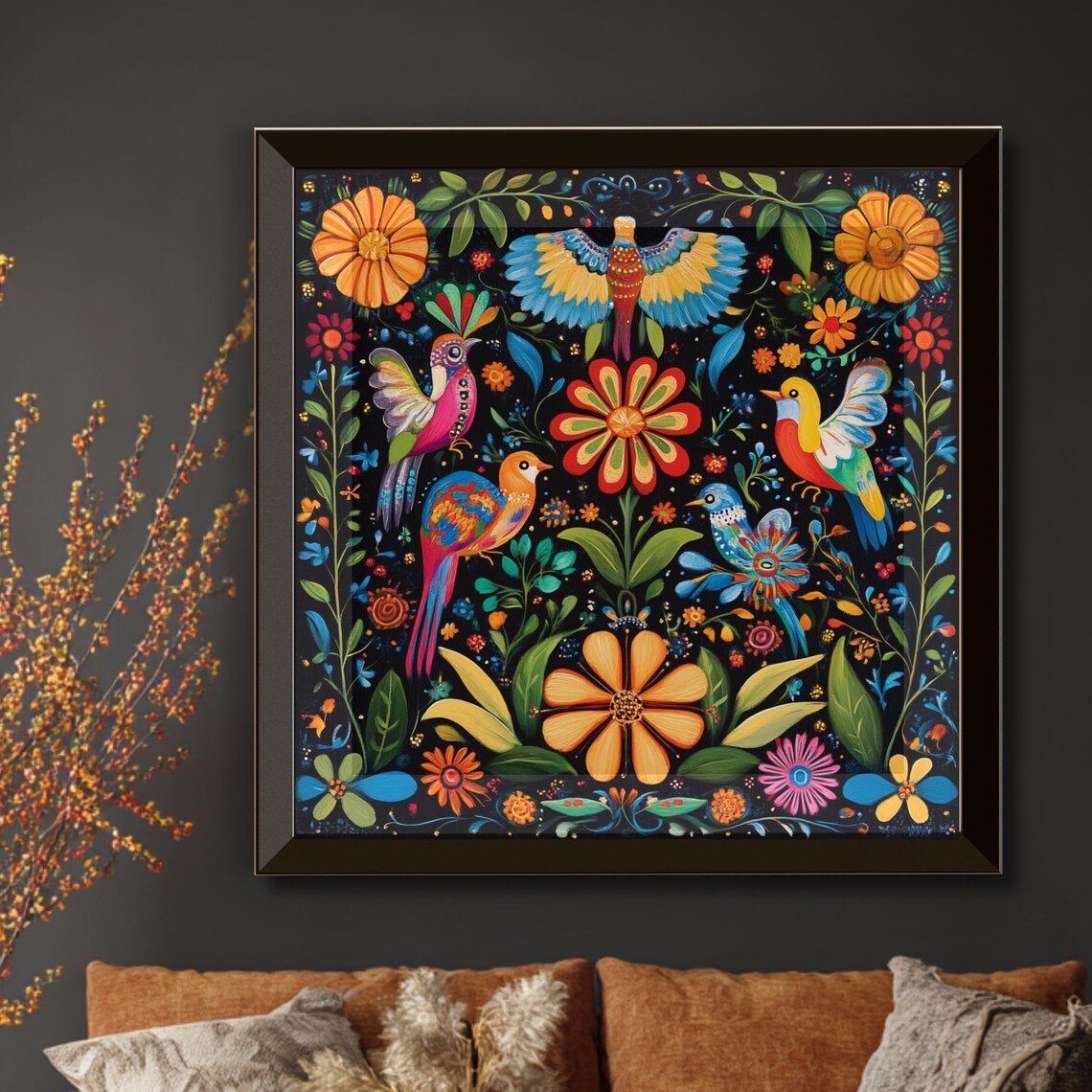 Mexican Folk Art Birds Flowers Otomi Style Black Background Poster