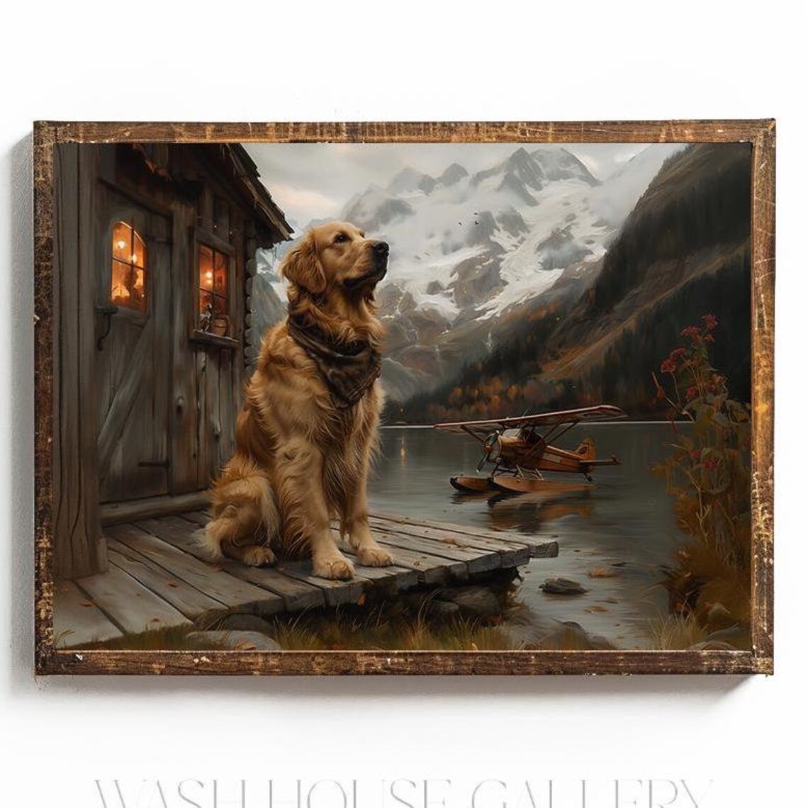 Golden Retriever On Cabin Porch Beside Floatplane Mountain Poster