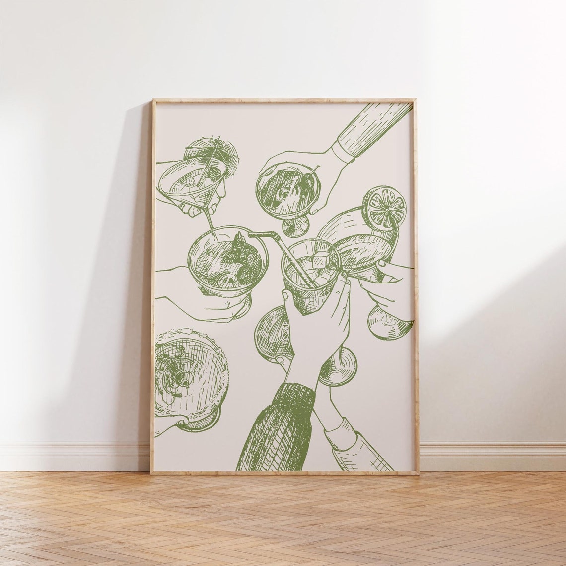 Trendy Olive Green Cheers Cocktail Hands Line Art Bar Cart Poster