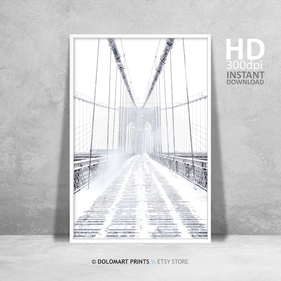 Brooklyn Bridge in Snow Black and White Winter Photography Poster