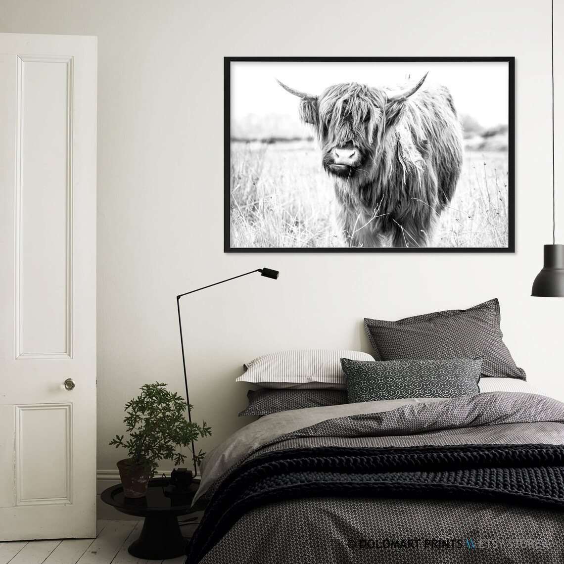 Rustic Highland Cow Black and White Animal Art Print - Image 3