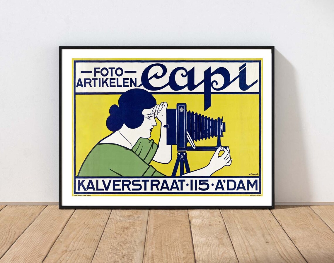 Vintage Camera Photography Art Print, Navy Blue Yellow