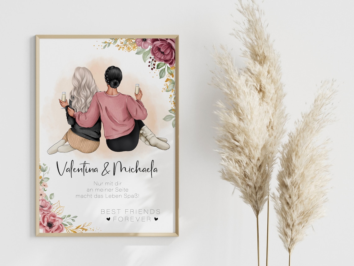 Best Friends Forever Watercolor Personalized Friendship Portrait Poster - Image 2