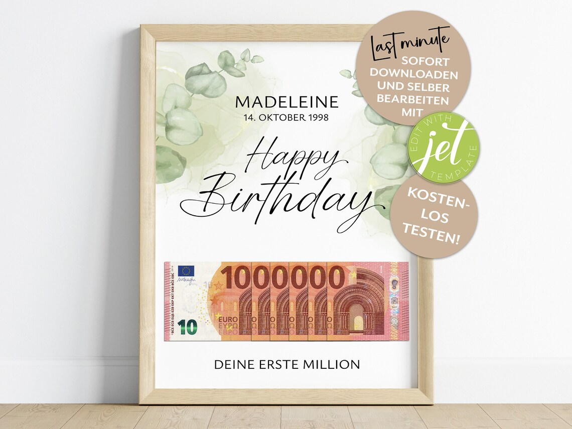 Deine Erste Million Happy Birthday Cash Money Gift Eucalyptus Poster
