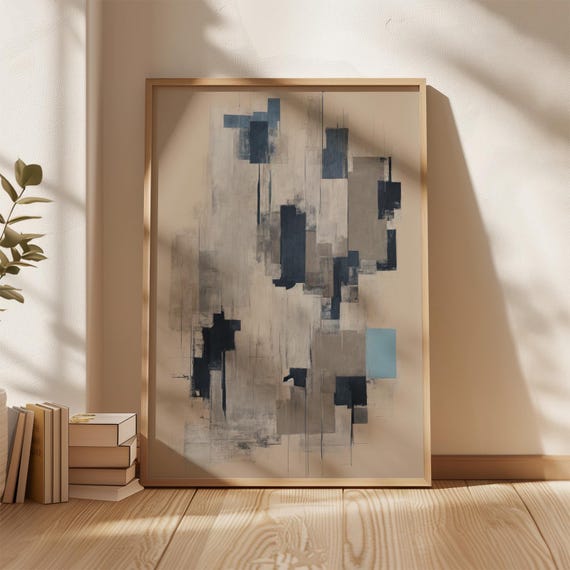 Memory Grid Abstract Neutral Architectureinspired Print Beige Slate Sky Blue Wall Art For Modern Spaces