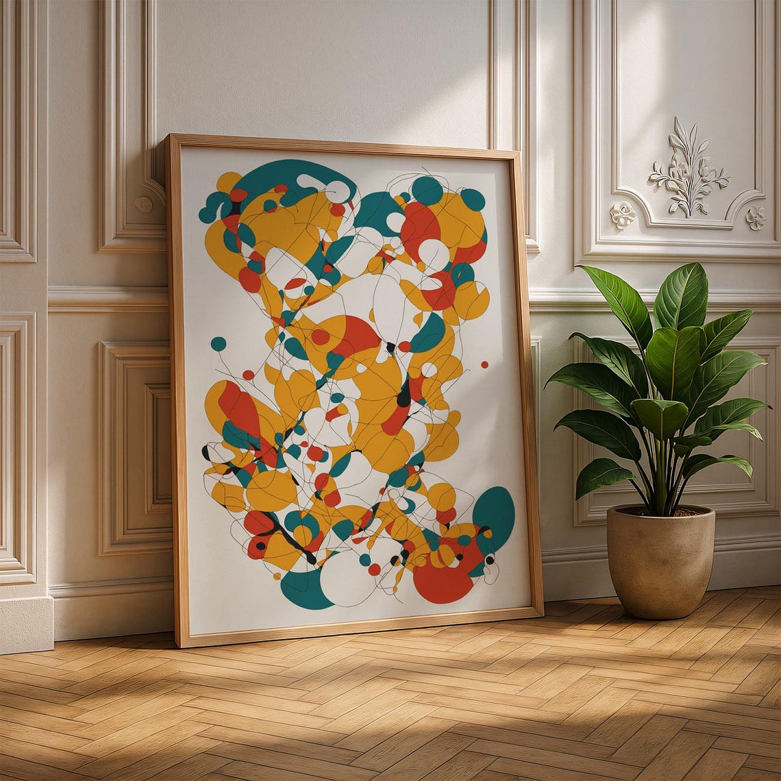 Vibrant Cascade Mustard Teal Coral Modern Abstract Art Poster
