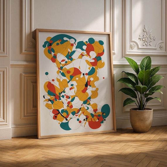 Vibrant Cascade Bold Abstract Art Print In Mustard Teal Coral And Ivory Colorful Modern Wall Decor For Home Or Office