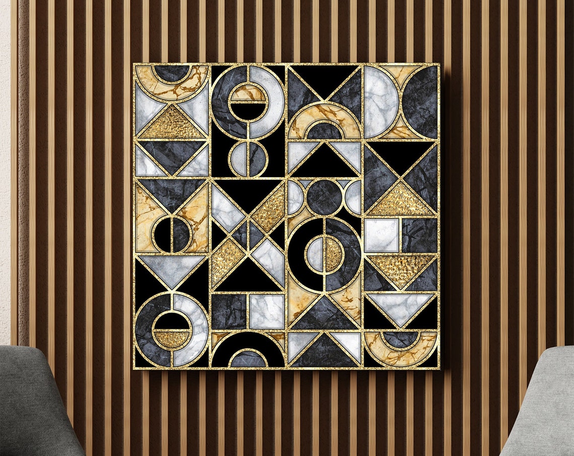 Gold Black White Geometric Art Deco Pattern Marble Tiles Poster