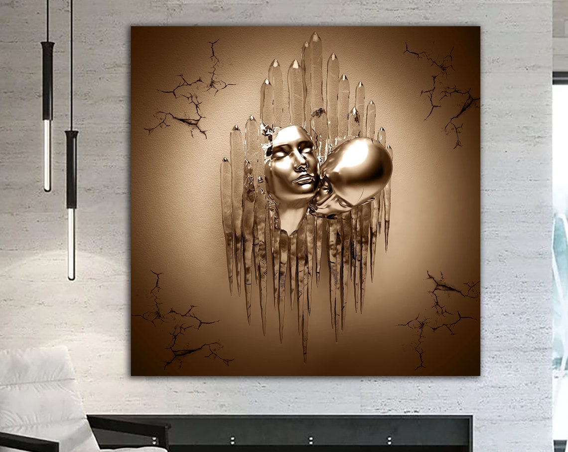 Bronze Gold Kissing Faces 3D Crystal Effect Love Couple Wall Art