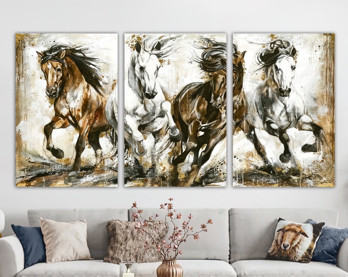 Three Panel Galloping Wild Horses Watercolor Modern Art Poster