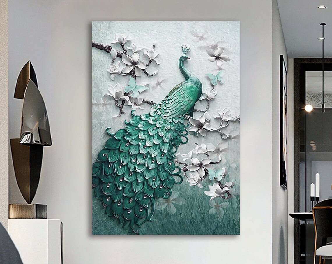 Green Peacock Painting, Bird Wall Decor Art Print