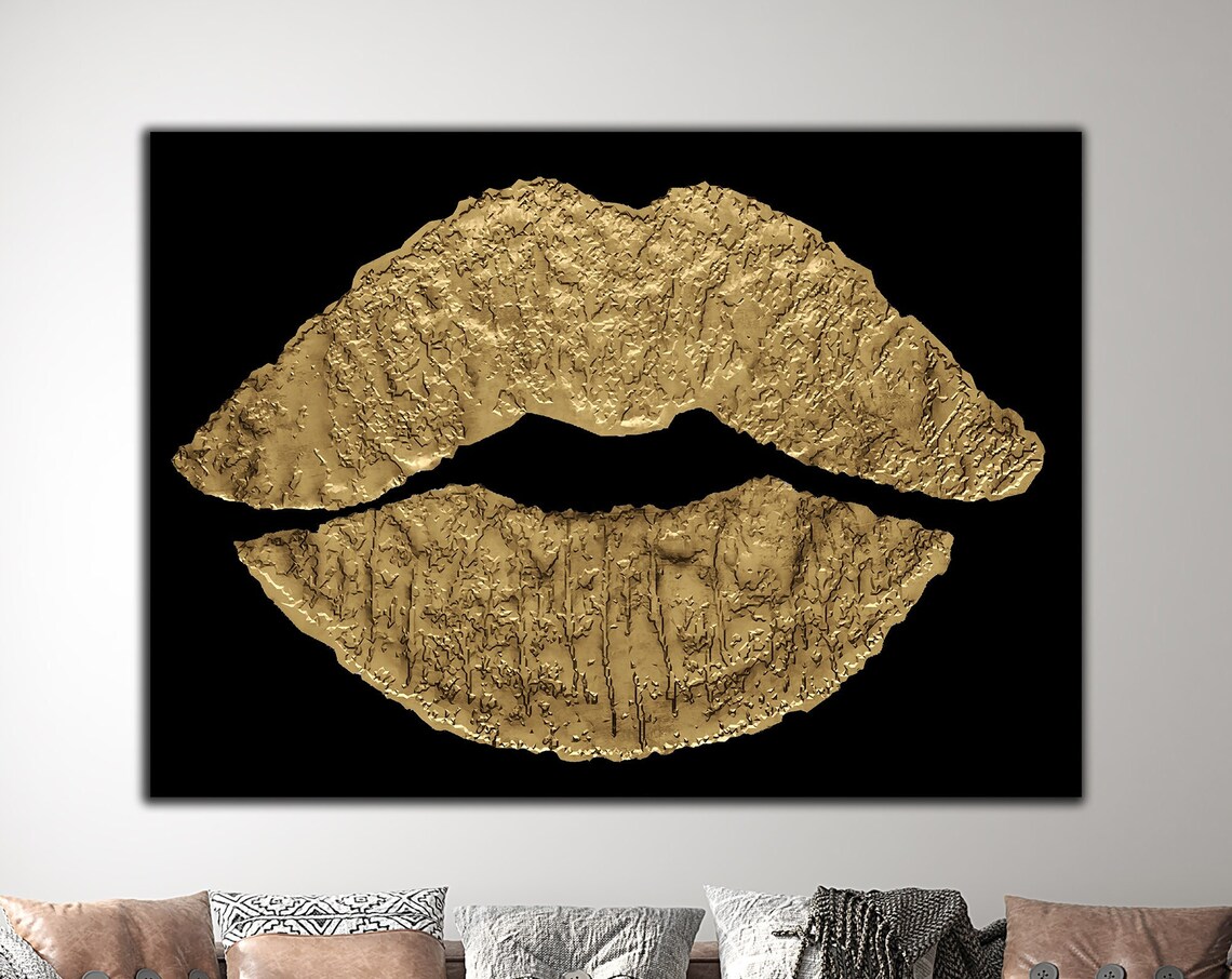 Gold Lip Painting, 3D Effect Abstract Art Print