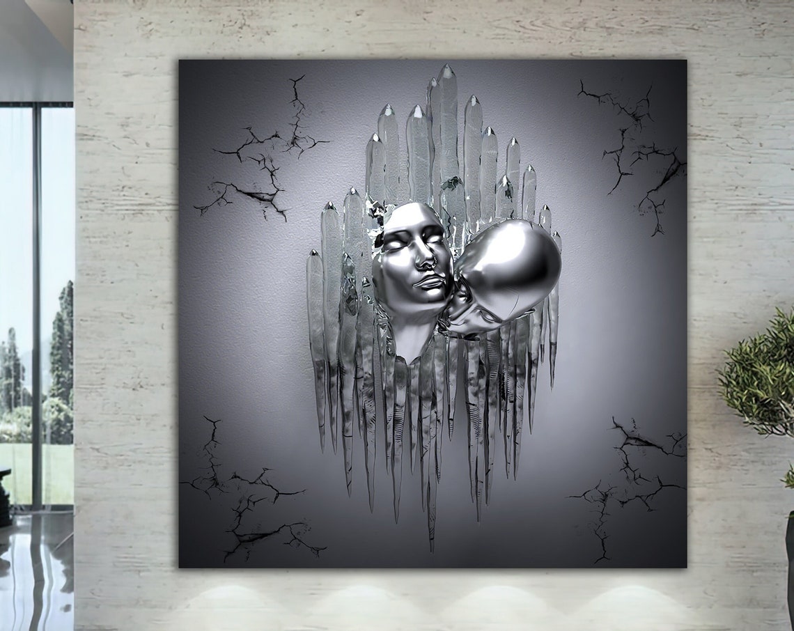 Silver Woman Face Kiss Behind Shattered Glass 3D Effect Art Poster