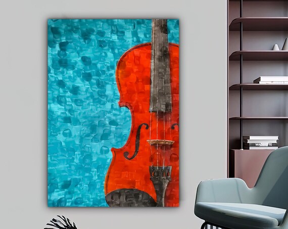 Red Violin Close Up On Turquoise Background Music Art Poster